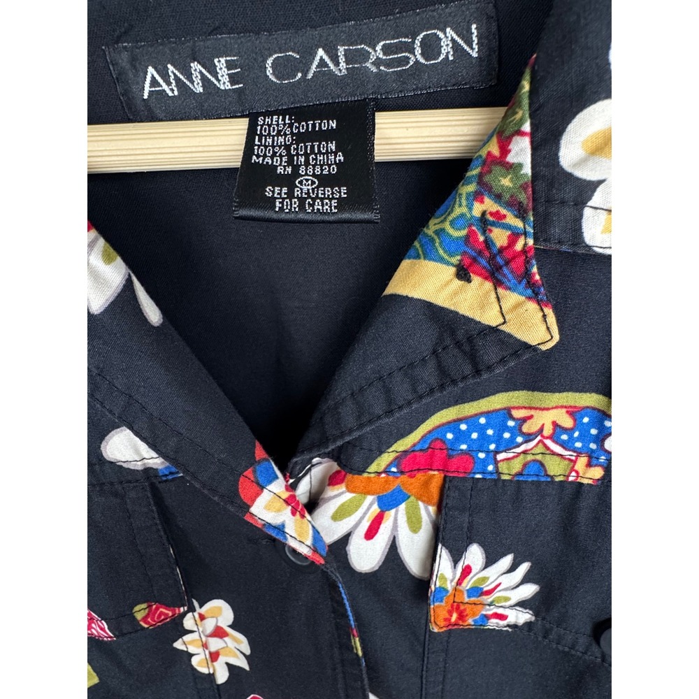 Anne Carson Cotton Jacket — M — Black Floral Fan Print Y2K Cropped Trucker - Picture 4 of 10